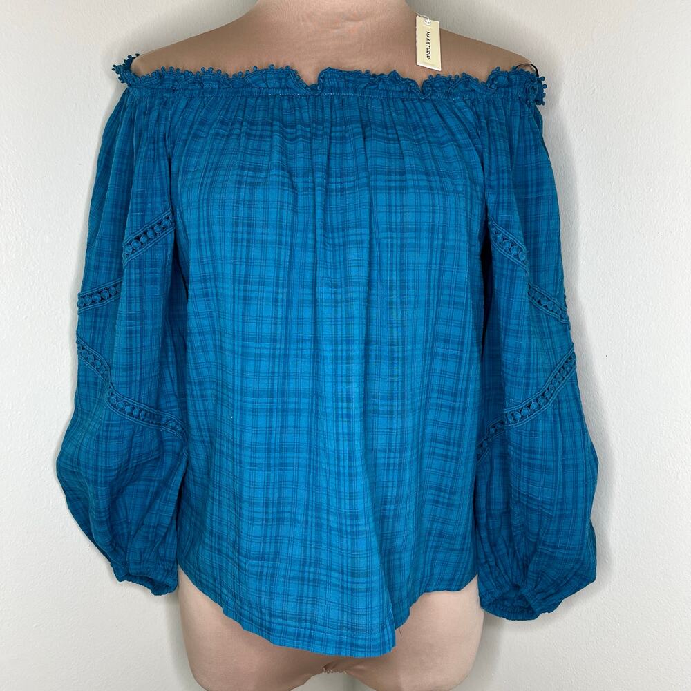 Max Studio Off The Shoulder Top XS Womens Blue Balloon Sleeve Plaid Ruffle New